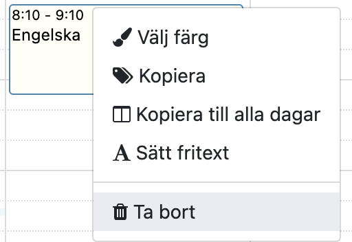 Ta bort lektion högerklick